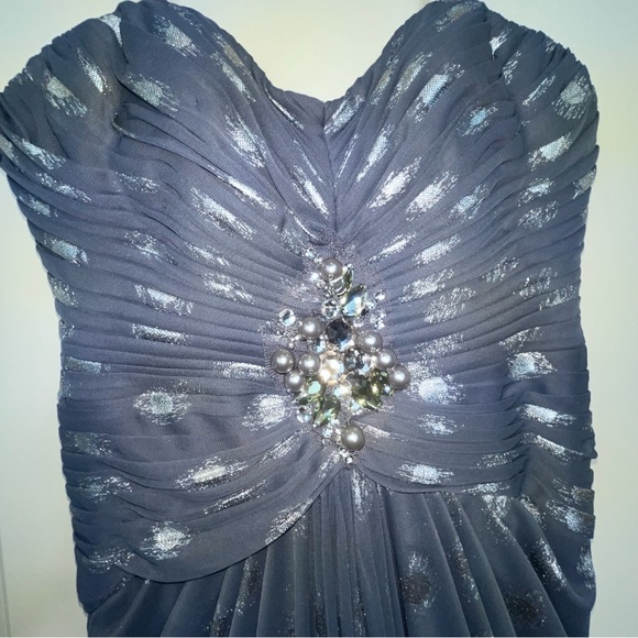 Adrianna Papell Foiled Dot Draped Mesh Gown Slate Gray Sz 2 - Picture 13 of 17